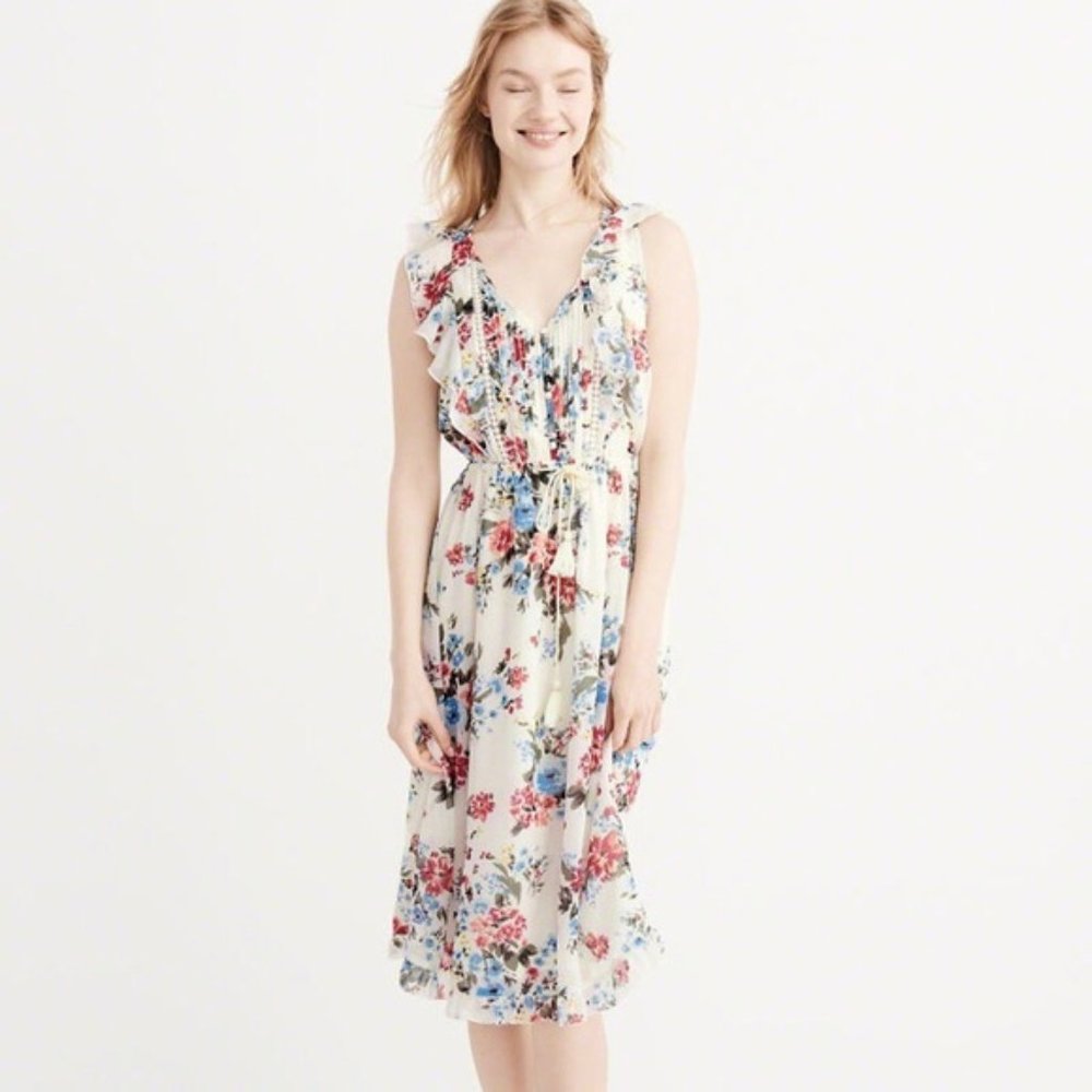 Ruffle Floral Midi Dress with Cinched Tassel Waist